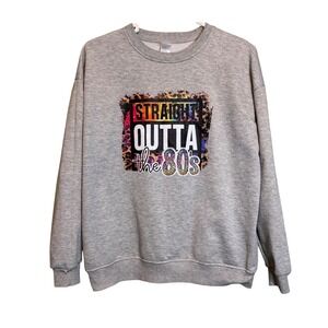 Straight Outta the 80s Leopard Retro Pullover Graphic‎ Sweatshirt Gray Medium